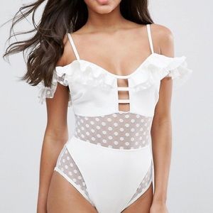 ASOS Frill Lattice Bardot Dot Mesh Swimsuit US 6